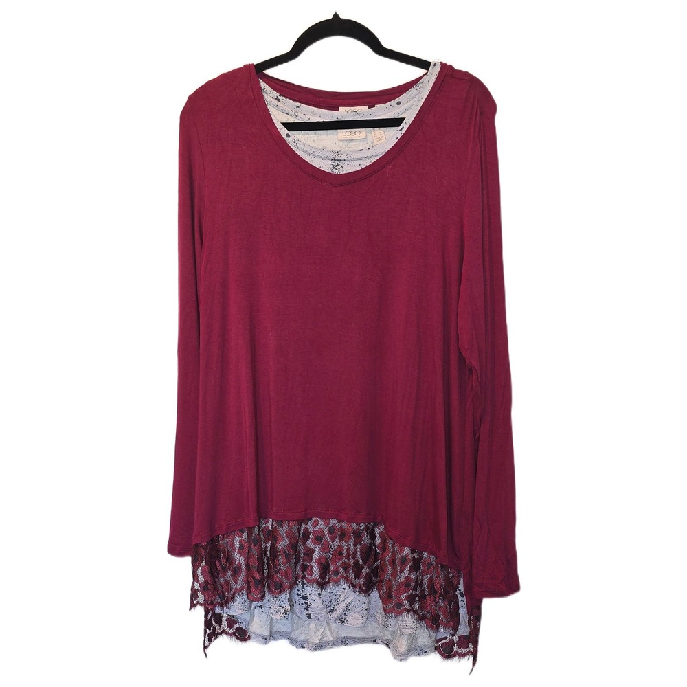 LOGO Lori Goldstein Womens XL Tunic Top Red Lace Trim Layered Splatter Print‎